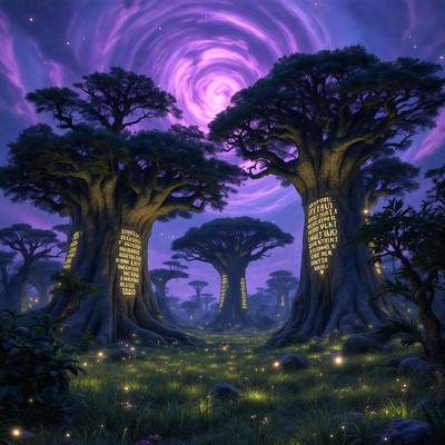 The primary subject of the image is a forest with a purple sky, featuring a group of trees with books hanging from them. The setting is a lush green forest, and the visual style appears to be a digital art or illustration. The colors and mood of the image are predominantly purple, creating a serene and magical atmosphere.
